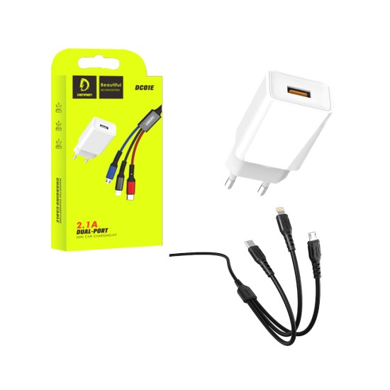 CHARGER ADAPTER DENMEN DC01E 2.4A WITH TYPE C, MICRO IPHONE 3 IN 1 CABLE WHITE